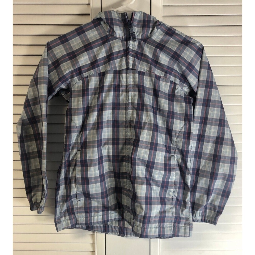Lands end size 7-8 plaid blue and pink packable rain jacket